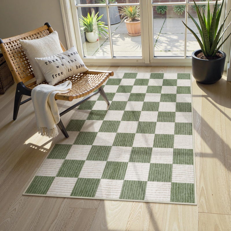 LIVEBOX 3x5 Washable Area Rug Checkered, Non-Slip Small Entryway Rug Green Farmhouse Neutral Classic Geometric Boys Rug for Bedroom Room Low-Pile Carpet for Indoor Kitchen Bathroom(Sage Green 3'x5') - Image 1