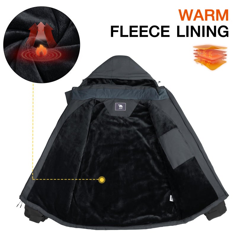 CAMEL CROWN Men's Ski Snow Jacket Waterproof Winter Snow Coat Windproof Warm Fleece Lining Hooded Parka Rain Jacket Grey/Black XXL - Image 5