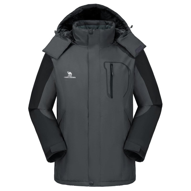 CAMEL CROWN Men's Ski Snow Jacket Waterproof Winter Snow Coat Windproof Warm Fleece Lining Hooded Parka Rain Jacket Grey/Black XXL - Image 2