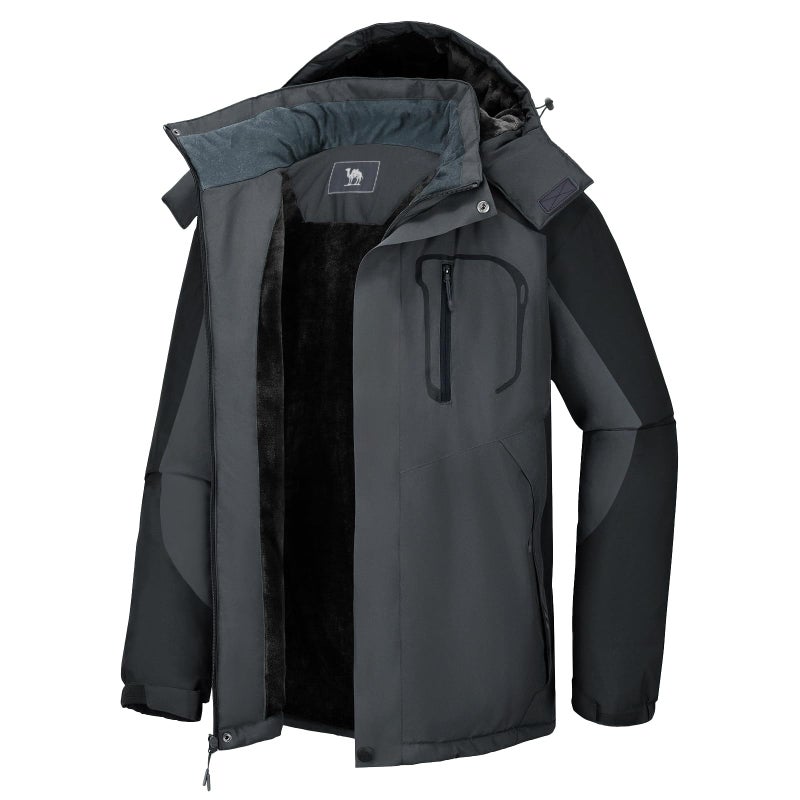 CAMEL CROWN Men's Ski Snow Jacket Waterproof Winter Snow Coat Windproof Warm Fleece Lining Hooded Parka Rain Jacket Grey/Black XXL - Image 1