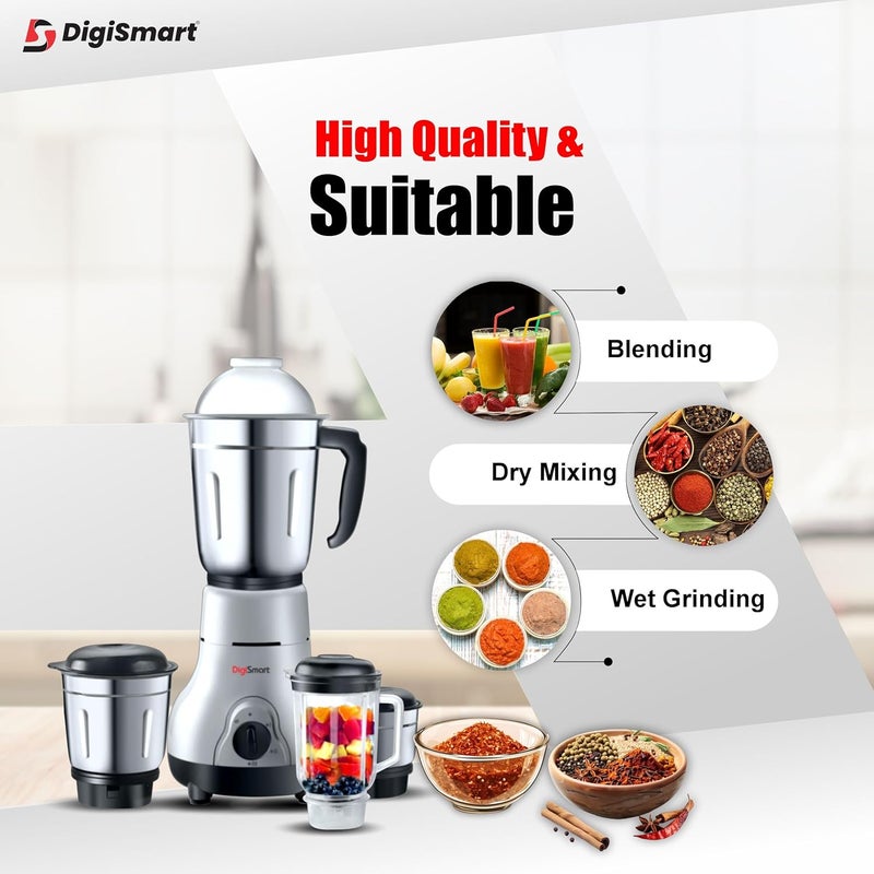 DigiSmart Kitchen Mate 750 Watt Mixer Grinder with 4 Jars Comes With 2 Year Warranty Grey and Black - Image 5