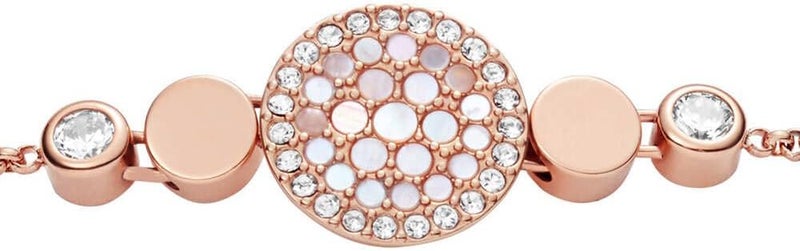 فوسيل سوار فوسيل النسائي المصنوع من الفولاذ المقاوم للصدأ والمرصّع بقرص من عرق اللؤلؤ، باللون الذهبي الوردي - Image 2