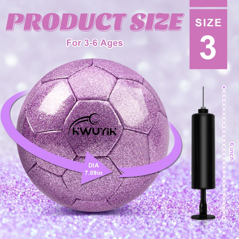 OKWUYiK Size 3 Glitter Purple Soccer Ball Set with Pump Youth Soccer Ball for Kids Aged 4-6 6-8 Toddler Soft Sports for Back to School Kit Sports Training Recreation Toddler Gift - Image 3