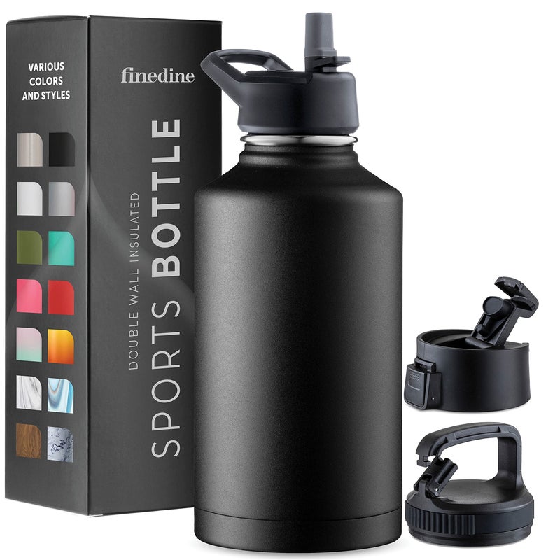 FineDine Insulated Water Bottles with Straw  64 Oz Stainless Steel Metal Water Bottle W 3 Lids  Reusable for Travel Camping Bike Sports  Inky Raven Black