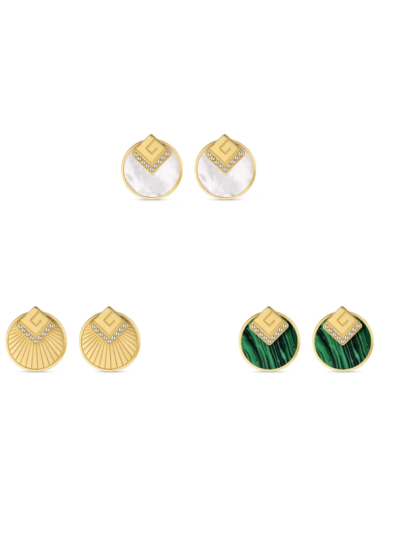Guy Laroche Anne Womens Gold Plated Interchangeable Earrings With Mother of Pearl and Crystal Sun Motif