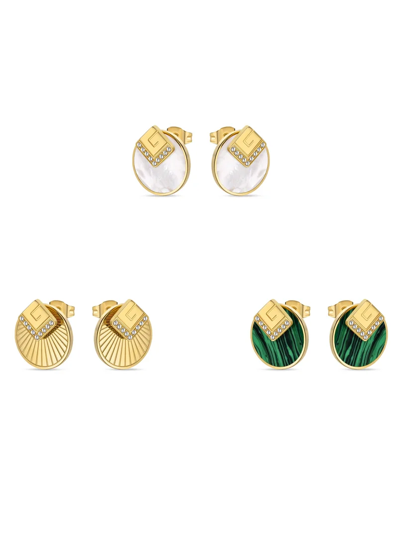 Guy Laroche Anne Womens Gold Plated Interchangeable Earrings With Mother of Pearl and Crystal Sun Motif