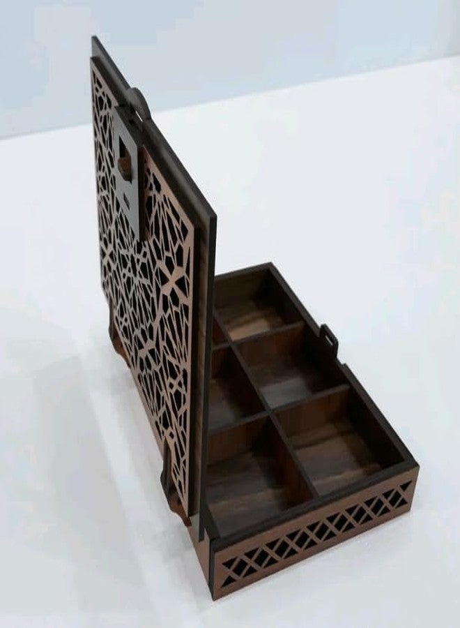 MeeCraft صندوق خشبي من MeeCraft بتصميم شبكي معقد، 6 أقسام وقفل منزلق - مثالي للأقراط ومجموعة الأحجار (18.7 × 13 × 3 سم، بني داكن) - Image 4
