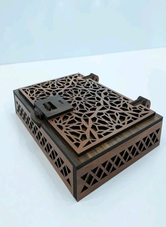 MeeCraft صندوق خشبي من MeeCraft بتصميم شبكي معقد، 6 أقسام وقفل منزلق - مثالي للأقراط ومجموعة الأحجار (18.7 × 13 × 3 سم، بني داكن) - Image 5