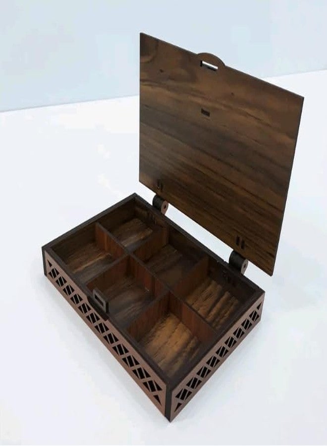 MeeCraft صندوق خشبي من MeeCraft بتصميم شبكي معقد، 6 أقسام وقفل منزلق - مثالي للأقراط ومجموعة الأحجار (18.7 × 13 × 3 سم، بني داكن) - Image 2