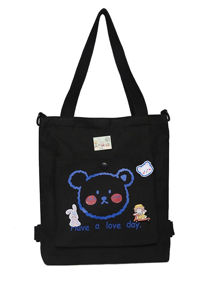 حقيبة قماش مطبوعة بدب حبيبات جميلة سعة كبيرة وظيفية للطلاب بنسيج متعدد الاستخدام مع بندانت كرتونية أسود - Image 5