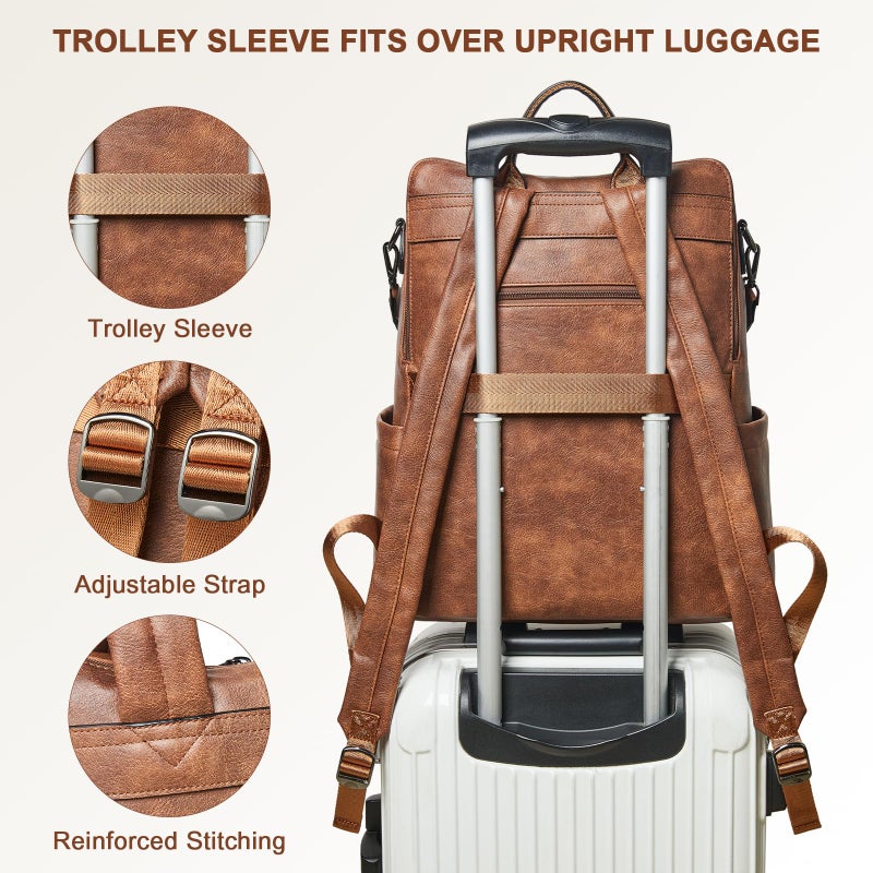 Shrrie Laptop Backpack for Women 15.6 inch,Travel Leather Backpack Purse Nurse Teacher Carry on Backpack Computer Bag,Professional Water-Resistant College Business Work Casual Daypack,Two-toned Brown - Image 4