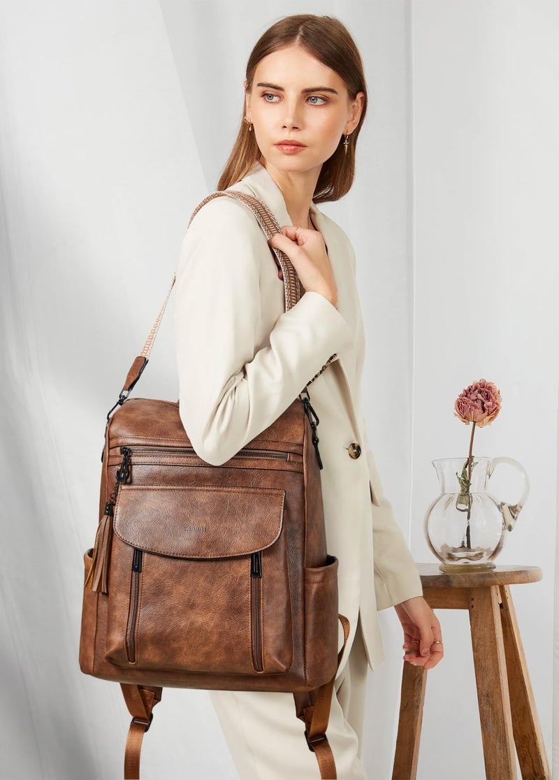 Shrrie Laptop Backpack for Women 15.6 inch,Travel Leather Backpack Purse Nurse Teacher Carry on Backpack Computer Bag,Professional Water-Resistant College Business Work Casual Daypack,Two-toned Brown - Image 2