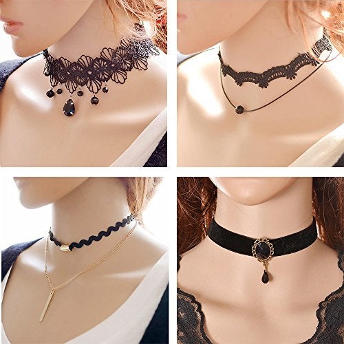 Trasfit 10 Pieces Lace Choker Necklace for Women Girls, Black Classic Velvet Stretch Punk Gothic Tattoo Lace (10 Style #1) - Image 3