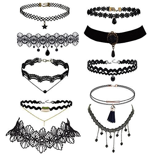 Trasfit 10 Pieces Lace Choker Necklace for Women Girls, Black Classic Velvet Stretch Punk Gothic Tattoo Lace (10 Style #1) - Image 1