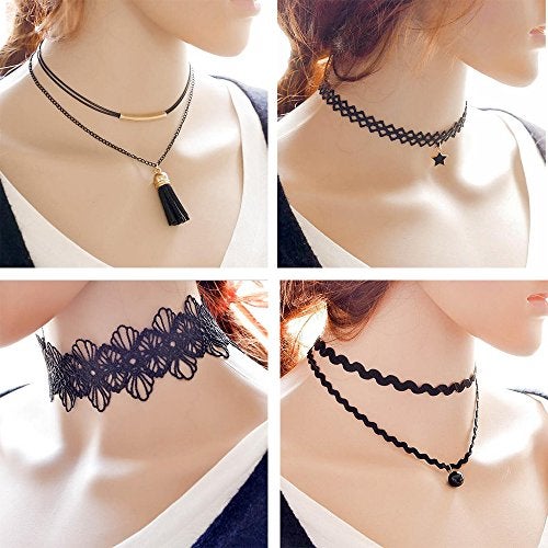 Trasfit 10 Pieces Lace Choker Necklace for Women Girls, Black Classic Velvet Stretch Punk Gothic Tattoo Lace (10 Style #1) - Image 4