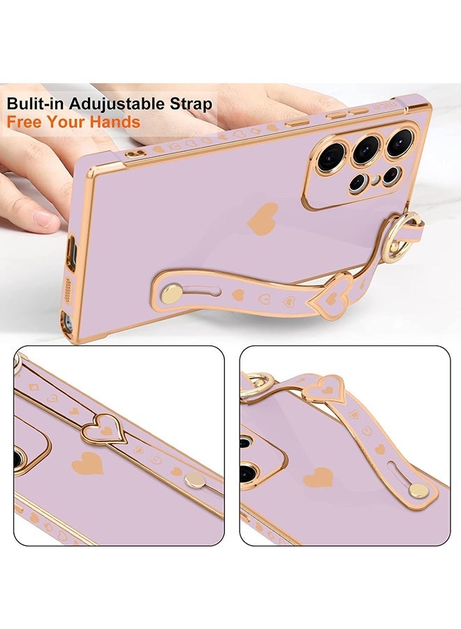 Wffo Compatible with Samsung Galaxy S24 Ultra Case - Adjustable Wrist Strap Kickstand - Cute Heart Luxury Gold Plating Bumper - Women Girl Men Protective Case Cover - Purple - Image 4