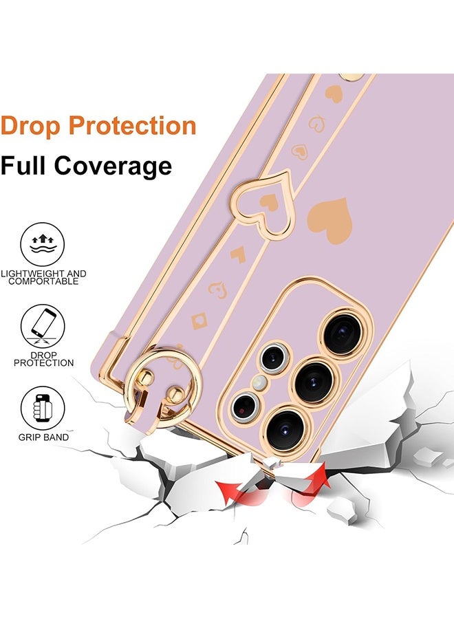 Wffo Compatible with Samsung Galaxy S24 Ultra Case - Adjustable Wrist Strap Kickstand - Cute Heart Luxury Gold Plating Bumper - Women Girl Men Protective Case Cover - Purple - Image 2