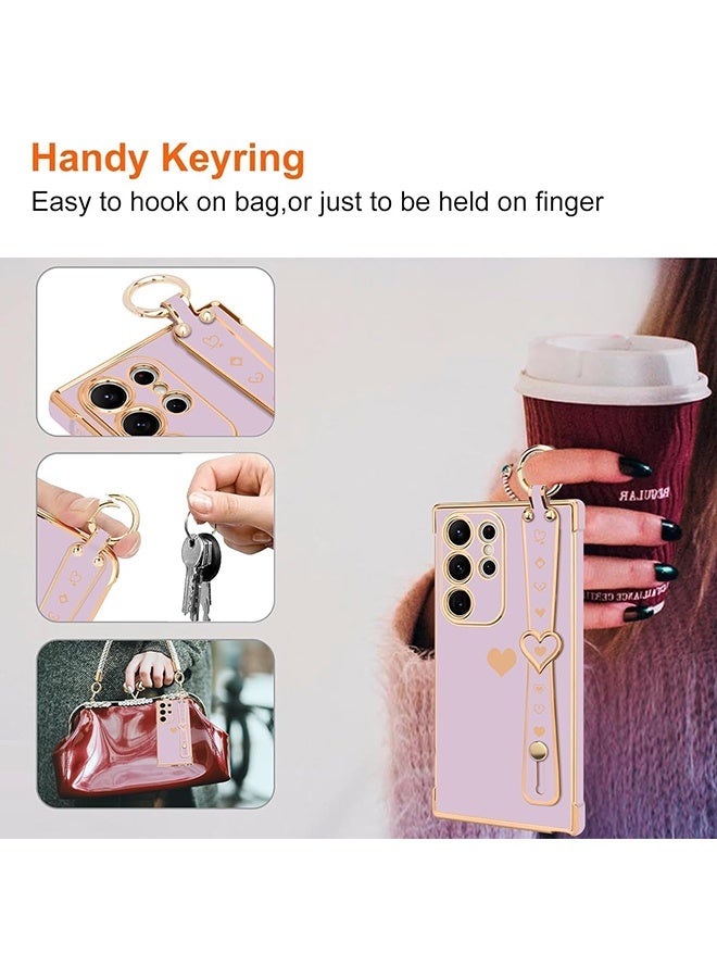 Wffo Compatible with Samsung Galaxy S24 Ultra Case - Adjustable Wrist Strap Kickstand - Cute Heart Luxury Gold Plating Bumper - Women Girl Men Protective Case Cover - Purple - Image 5