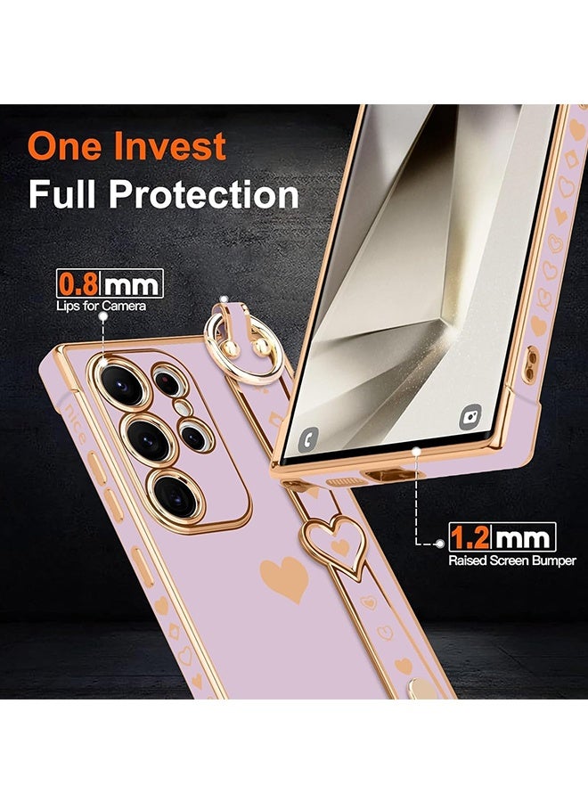Wffo Compatible with Samsung Galaxy S24 Ultra Case - Adjustable Wrist Strap Kickstand - Cute Heart Luxury Gold Plating Bumper - Women Girl Men Protective Case Cover - Purple - Image 3