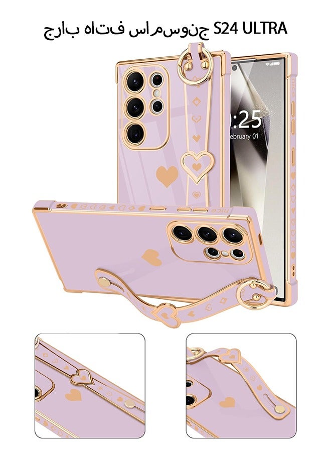 Wffo Compatible with Samsung Galaxy S24 Ultra Case - Adjustable Wrist Strap Kickstand - Cute Heart Luxury Gold Plating Bumper - Women Girl Men Protective Case Cover - Purple - Image 1
