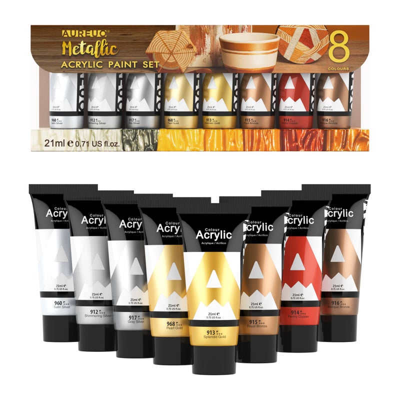 AUREUO Metallic Acrylic Paint Set 8 Essential Colors 071 Fl Oz 21ml Tubes Gold Silver Art Paints for Crafts Decor Rich Pigments Nontoxic Painting Supplies for Artists