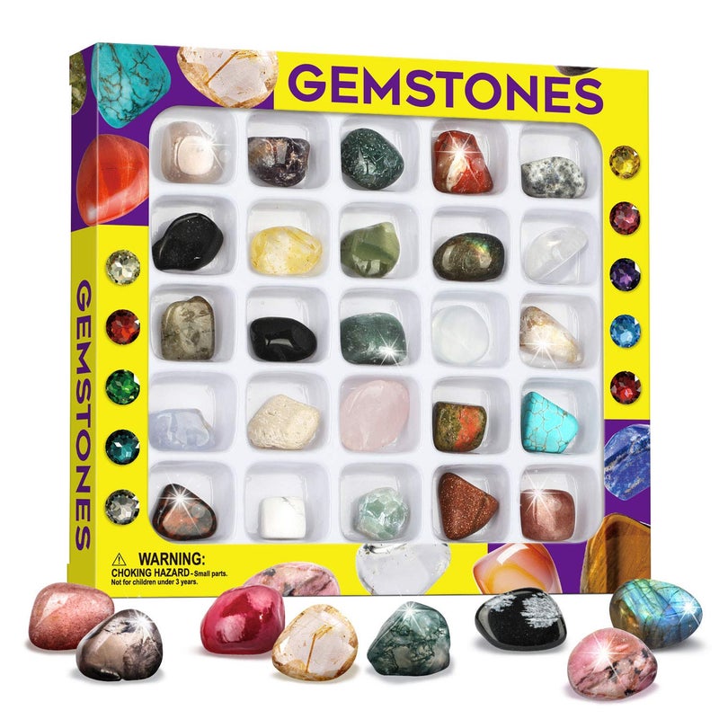 XX Rocks Collection 25PCS Rock and Mineral Education Set Gemstones for Kids Geology Gem Kit with Healing Chakra Gemstones Tumbled Stones and More Identification Guide STEM Science Education - Image 2