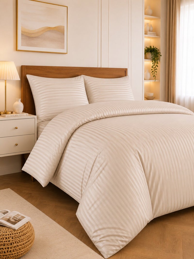 Aristocrat 3-Piece Stripe Microfiber Duvet Cover Set | Single | Includes 1 Duvet Cover (160x220cm) & 2 Pillowcases (53x75+15cm) | Ultra Soft, Breathable & Wrinkle Resistant |Beige - Image 1
