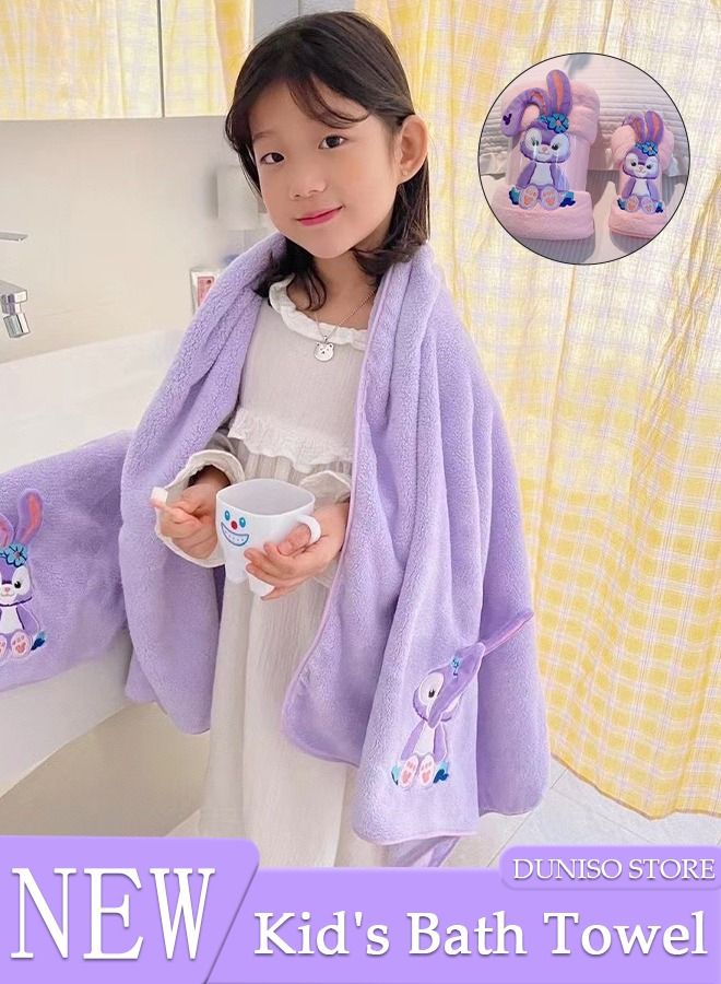 DUNISO 2 pcs Girls Bath Towel Large Kids Bath Towels Cartoon Rabbit Kids Beach Towels Super Absorbent Toddler Body Towel Soft and Cozy Embroidery Kids Bath Towels Purple - Image 1