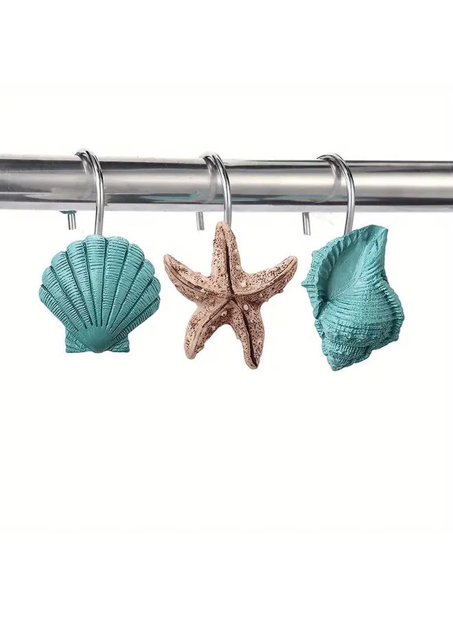 Blue Ocean Series Shower Curtain Hooks 12pcs Starfish Conch Shell Design Rust Resistant - Image 1