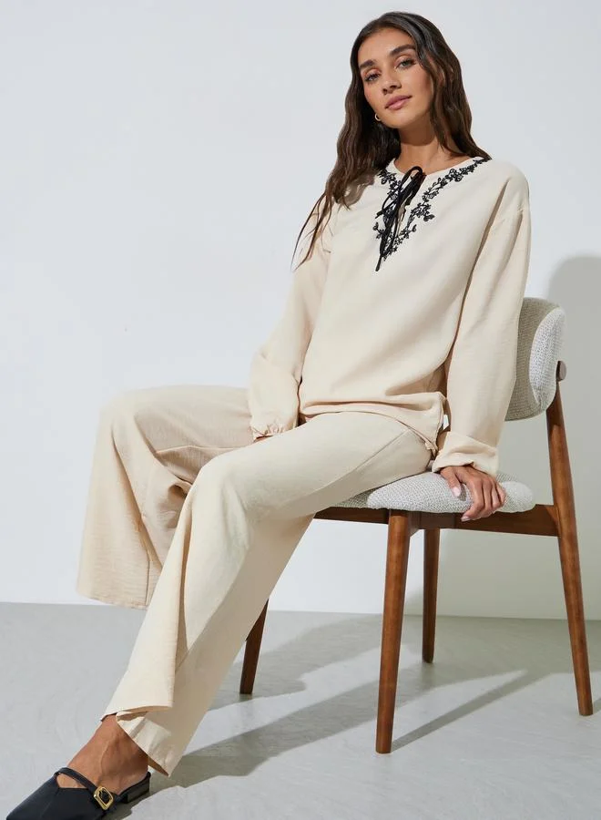 Beige Solid Embroidered Blouse and Wide Leg Trousers Co-ord Set