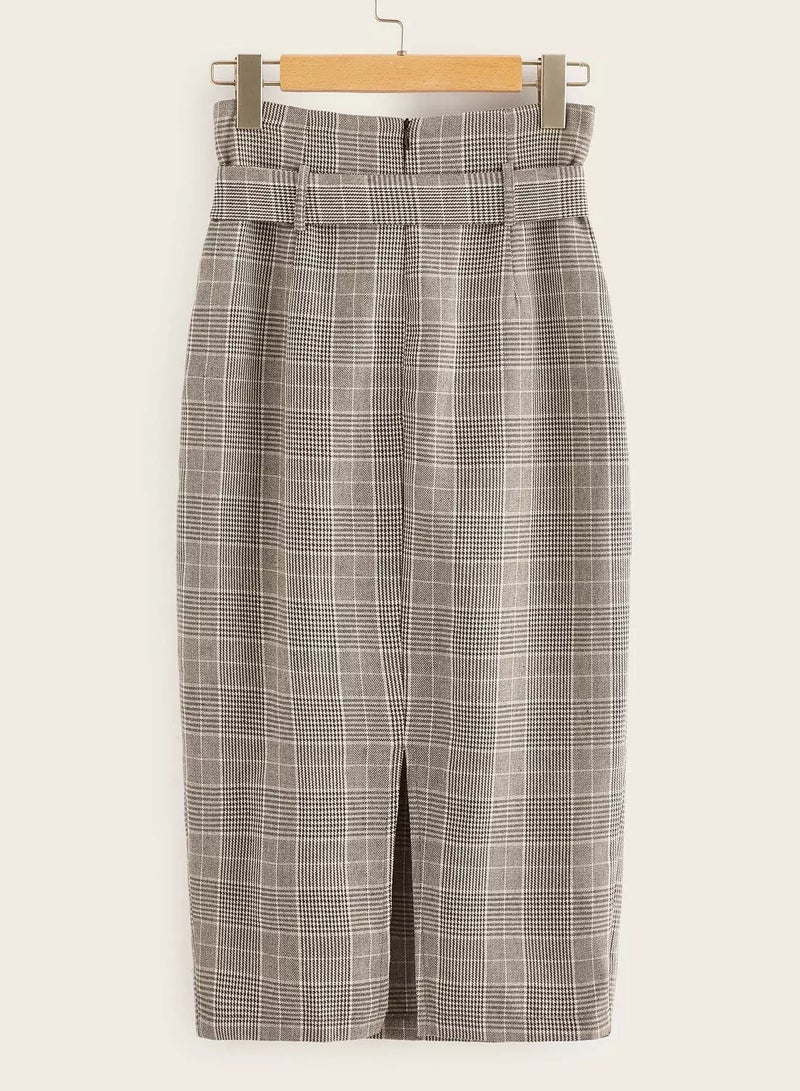 تنورة بحزام ومزينة بنقشة مربعات من الأمام - Image 2