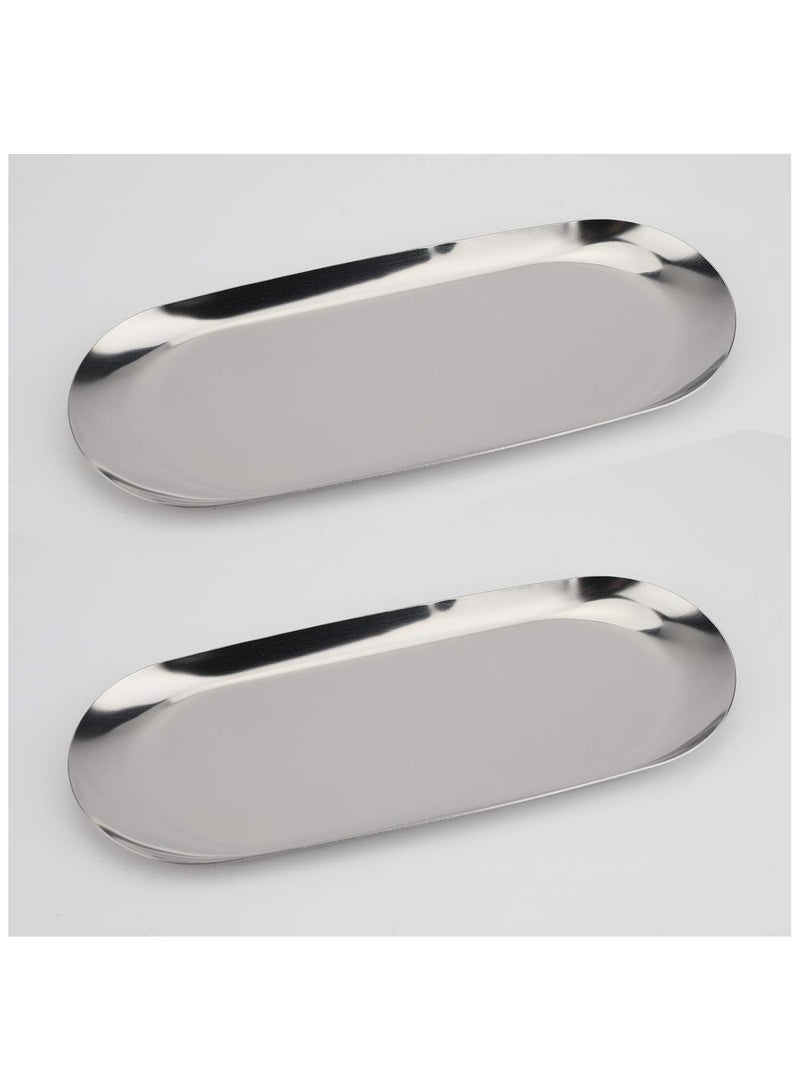 كيلا صينية ديكور من الفولاذ المقاوم للصدأ، مجموعة من قطعتين، بطول 7 بوصات، طبق مجوهرات ومستحضرات تجميل منظم فوضى الحمام، طبق تقديم، صينية تخزين صغيرة، بيضاوية، فضية - Image 1