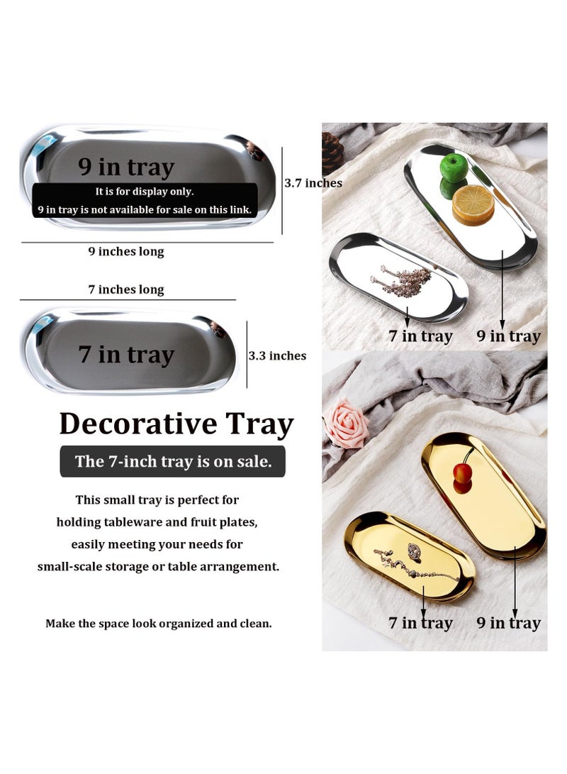 كيلا صينية ديكور من الفولاذ المقاوم للصدأ، مجموعة من قطعتين، بطول 7 بوصات، طبق مجوهرات ومستحضرات تجميل منظم فوضى الحمام، طبق تقديم، صينية تخزين صغيرة، بيضاوية، فضية - Image 2
