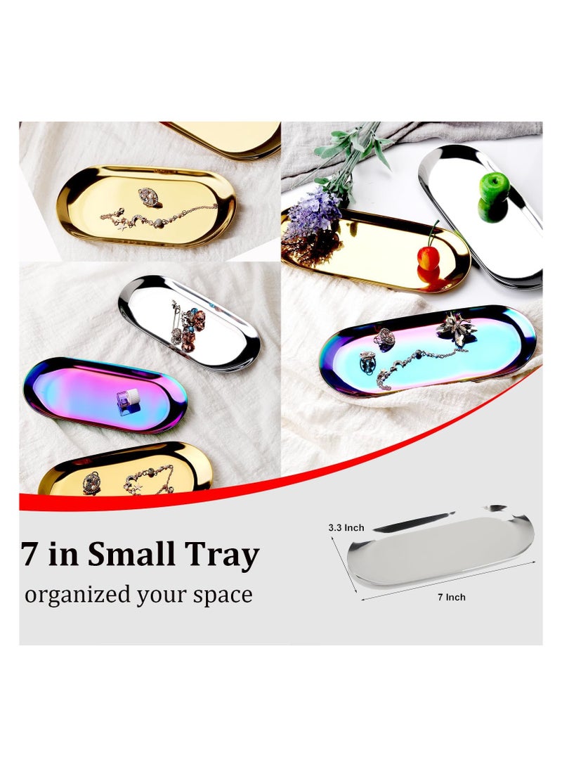 كيلا صينية ديكور من الفولاذ المقاوم للصدأ، مجموعة من قطعتين، بطول 7 بوصات، طبق مجوهرات ومستحضرات تجميل منظم فوضى الحمام، طبق تقديم، صينية تخزين صغيرة، بيضاوية، فضية - Image 5