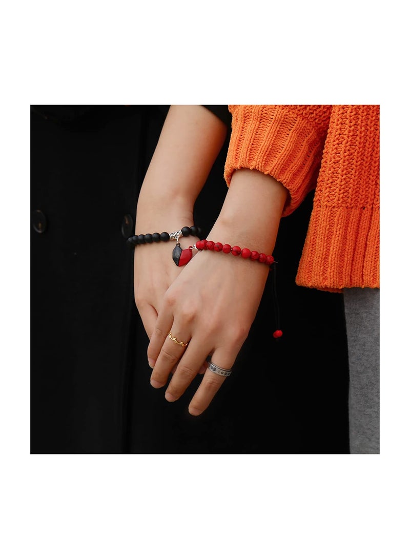 Excefore 4 Pcs Couples Bracelets Necklace Set for Women Men Matching Bracelets Necklace Couples Magnetic Heart Necklace Bead Bracelet for Valentine's Day Natural Stone Bead Couple Jewelry - Image 3