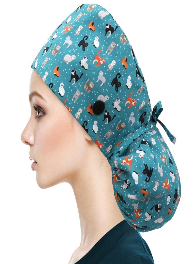 QBA Working Cap with Button Long Hair, Adjustable Working Hat Sweatband Cotton Ponytail Holder, Tie Back Hats for Women & Men, One Size, #Satin Lined Cutie Cat, One size - Image 2