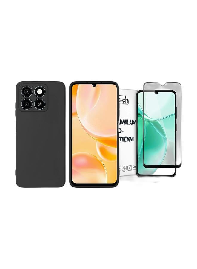 Wtech ZTE Blade A55 2024 Premium Soft Liquid Silicone Case Cover (MCRPSN) - Black & ZTE Blade A35 4G 2024 / ZTE Blade A55 4G 2024 / ZTE Blade A36 4G 2025 / ZTE Blade A76 5G 2025 Premium E2E Series Full Glue Full Cover Tempered Glass Screen Protector (MSGECN) - Clear/Black Bundle - Image 1