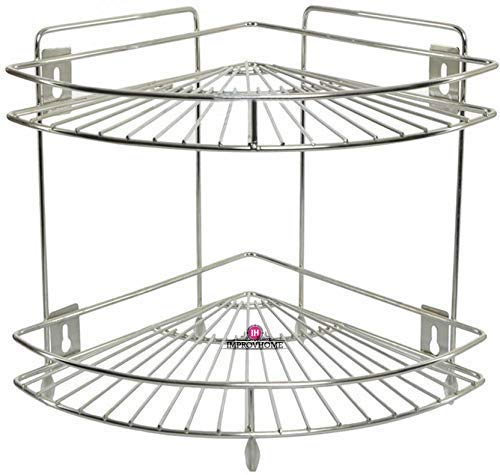Improvhome Made in India Stainless Steel Chrome finish Wall Mount Corner 2 Layer Corner Storage Rack/Shelf - Image 1