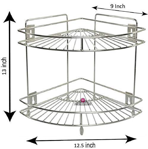 Improvhome Made in India Stainless Steel Chrome finish Wall Mount Corner 2 Layer Corner Storage Rack/Shelf - Image 3