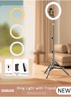 DUNISO Selfie Ring Light with Extendable Floor Tripod and Phone Holder, Dimmable LED Beauty Camera Ring light with 360 Shooting Arm for Makeup, Photo Selfie, Video Recording, Live Streaming  - Image 1