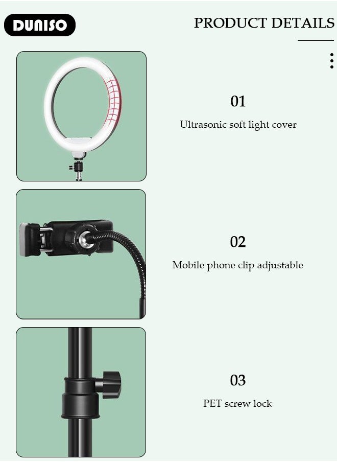 DUNISO - Selfie Ring Light with Extendable Floor Tripod and Phone Holder, Dimmable LED Beauty Camera Ring light with 360 Shooting Arm for Makeup, Photo Selfie, Video Recording, Live Streaming - Image 1