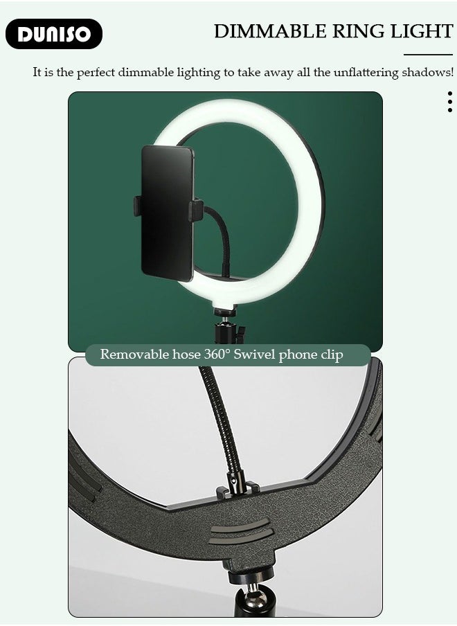 DUNISO - Selfie Ring Light with Extendable Floor Tripod and Phone Holder, Dimmable LED Beauty Camera Ring light with 360 Shooting Arm for Makeup, Photo Selfie, Video Recording, Live Streaming - Image 1