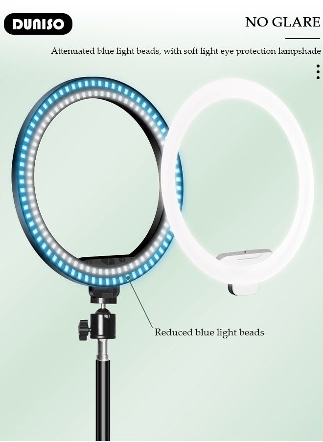DUNISO - Selfie Ring Light with Extendable Floor Tripod and Phone Holder, Dimmable LED Beauty Camera Ring light with 360 Shooting Arm for Makeup, Photo Selfie, Video Recording, Live Streaming - Image 1