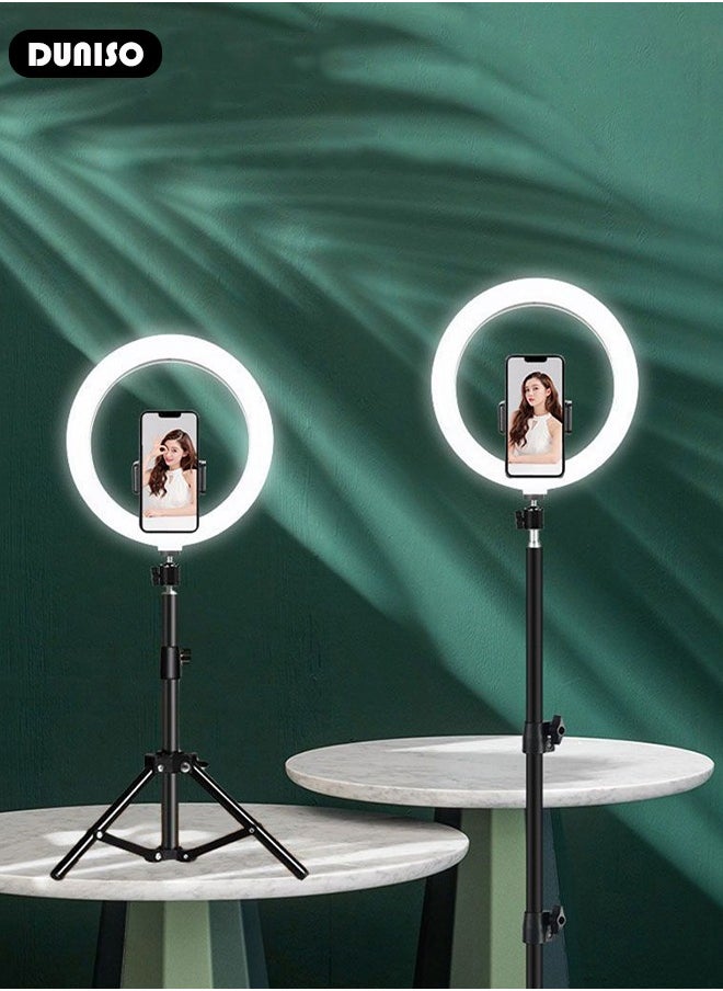 DUNISO - Selfie Ring Light with Extendable Floor Tripod and Phone Holder, Dimmable LED Beauty Camera Ring light with 360 Shooting Arm for Makeup, Photo Selfie, Video Recording, Live Streaming - Image 1