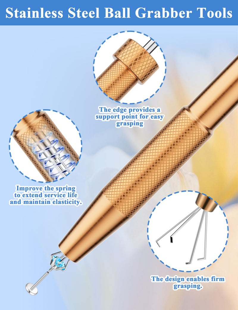 PierceGlowStar 2PCS Upgraded Piercing Ball Grabber Set, Gold Stainless Steel Anti-Slip Jewelry Changing Tool, Ergonomic 4-Claw Taper Grabbers in Short & Long for Ear Nose Lip Septum Belly Piercings - Image 4