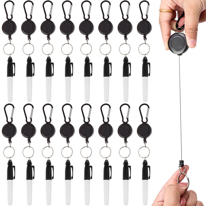 Welecom 32 Pcs Mini Permanent Markers with Cap Clips Retractable Pen Reel Golf Ball Marker Pen Dry Erase Markers with Triangle Hook Golf Keychain Clips for Badge Black Ink Pens for Office SchoolFine Point