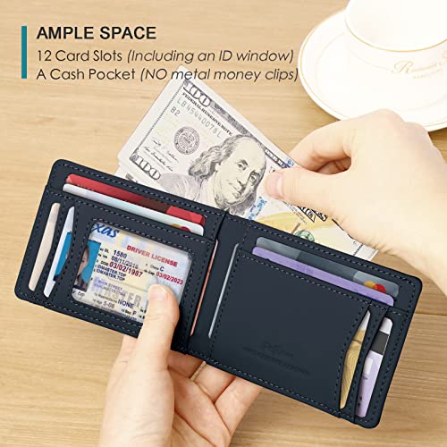 Pefiam Full Grain Leather Wallets for Men, Bifold Wallets for Men, Mens Leather Wallets with 12 Slots, RFID Blocking, Gifts for Men (USA Flag, Black) - Image 2