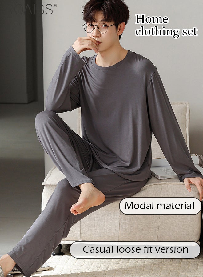 roaiss Cotton Loose Men's Long Sleeved Wide Leg Pants Casual Home Clothing Set for Spring and Summer Thin Pajamas Two-piece Set  - Image 5