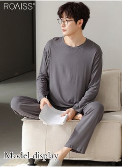 roaiss Cotton Loose Men's Long Sleeved Wide Leg Pants Casual Home Clothing Set for Spring and Summer Thin Pajamas Two-piece Set  - Image 4