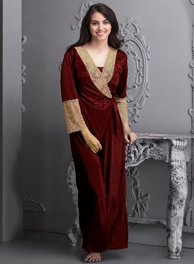 Clovia Pack of 5 - Maroon Velvet-Look Nightwear Set